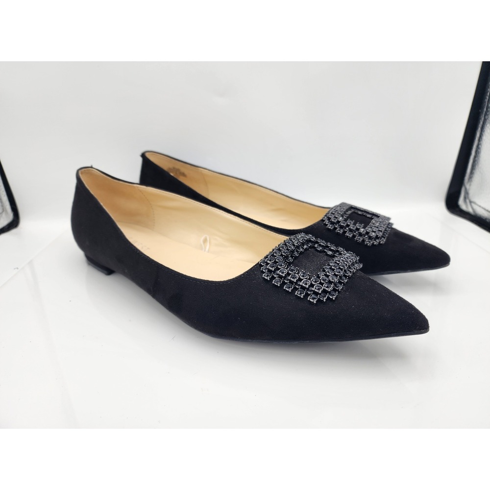 Nine West Junia2 Black Rhinestone Buckle Pointed Toe Flats Shoes 9.5M